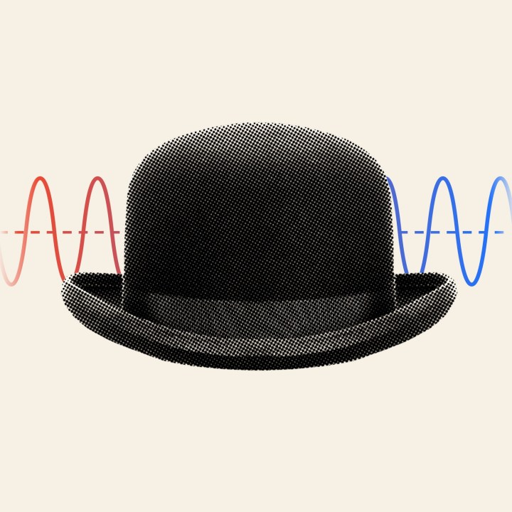 A bowler hat with radio waves behind it